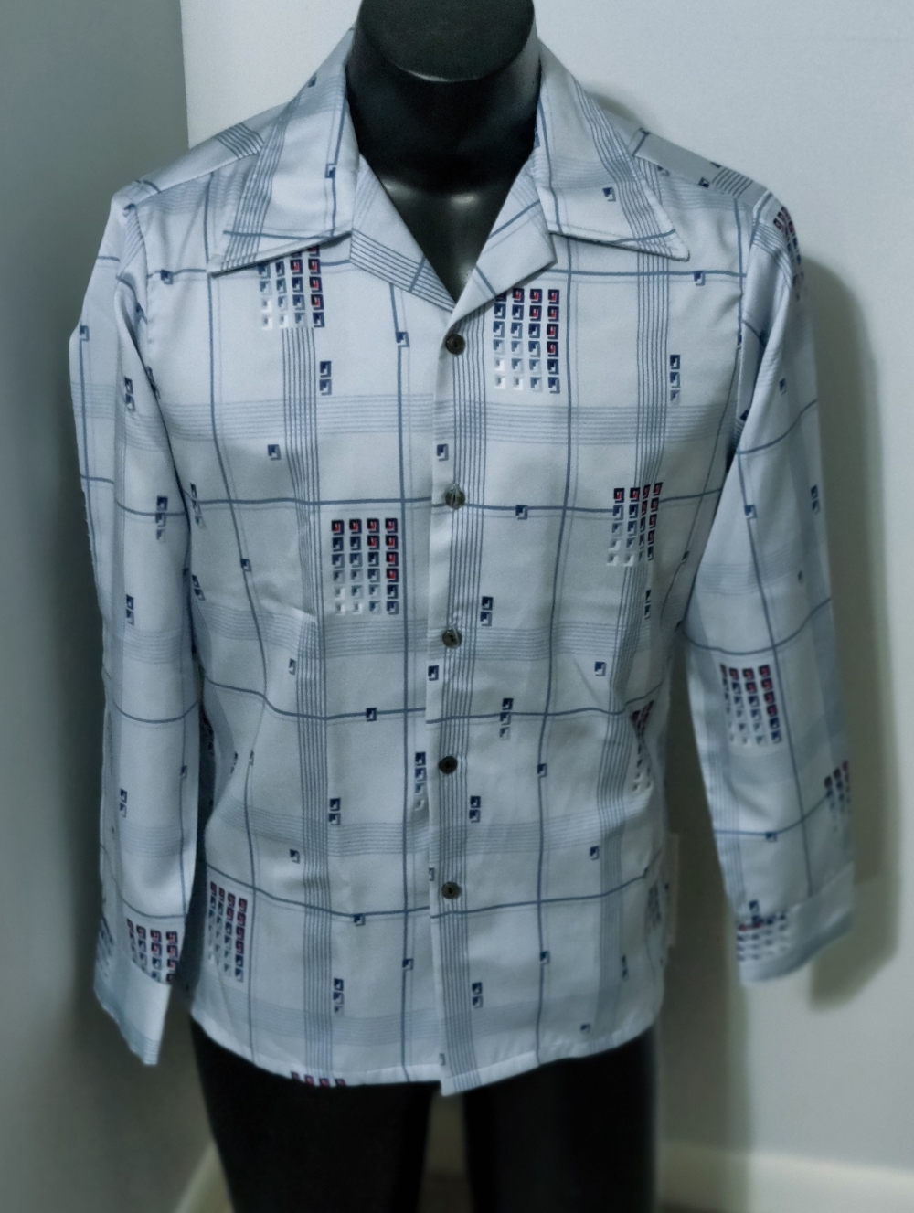Super slick 70s Geometric dagger collar Disco party Shirt Vintage Stuart Mann  M